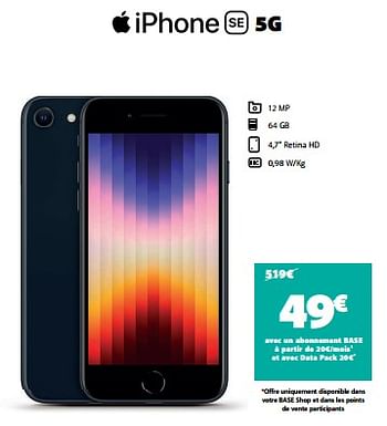 Promotions Apple iphone se 5g - Apple - Valide de 12/08/2023 à 31/08/2023 chez Base