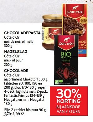Promotions Chocoladepasta côte d`or + hagelslag côte d`or + chocolade côte d`or 30% korting bij aankoop van 2 stuks - Cote D'Or - Valide de 22/08/2023 à 05/09/2023 chez Alvo
