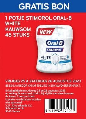 Promoties Gratis bon 1 potje stimorol oral-b white kauwgom - Stimorol - Geldig van 25/08/2023 tot 26/08/2023 bij Alvo