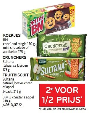 Promoties Koekjes bn + crunchers sultana + fruitbiscuit sultana 2e voor 1-2 prijs - Huismerk - Alvo - Geldig van 22/08/2023 tot 05/09/2023 bij Alvo