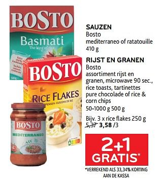 Promoties Sauzen bosto + rijst en granen bosto riceflakes 2+1 gratis - Bosto - Geldig van 22/08/2023 tot 05/09/2023 bij Alvo