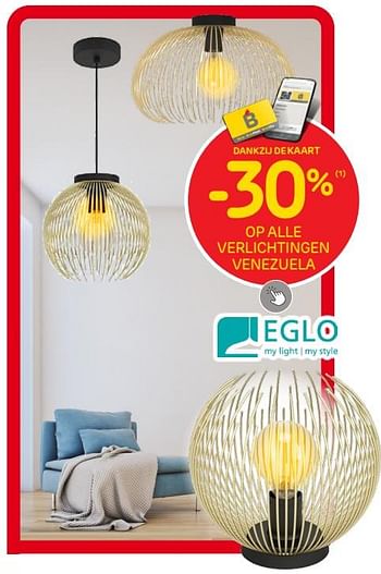 Promoties -30% sur tous les luminaires venezuela - Eglo - Geldig van 23/08/2023 tot 04/09/2023 bij Brico