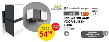 Promoties Led-wandlamp voor buiten cuba - Lutec - Geldig van 23/08/2023 tot 04/09/2023 bij Brico