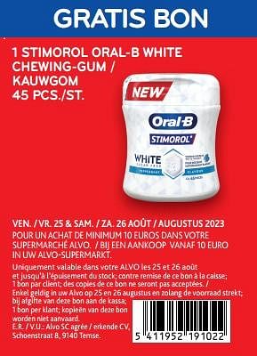 Promotions Gratis bon 1 stimorol oral-b white chewing-gum - Stimorol - Valide de 25/08/2023 à 26/08/2023 chez Alvo