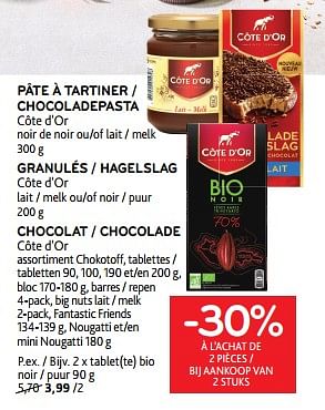 Promotions Pâte à tartiner côte d`or + granulés côte d`or + chocolat côte d`or -30% à l’achat de 2 pièces - Cote D'Or - Valide de 22/08/2023 à 05/09/2023 chez Alvo