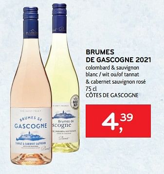 Promotions Brumes de gascogne 2021 colombard + sauvignon blanc ou tannat + cabernet sauvignon rosé - Vins blancs - Valide de 22/08/2023 à 05/09/2023 chez Alvo