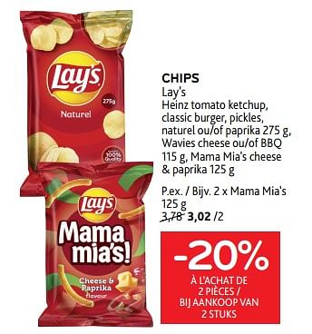 Promotions Chips lay`s -20% à l’achat de 2 pièces - Lay's - Valide de 22/08/2023 à 05/09/2023 chez Alvo