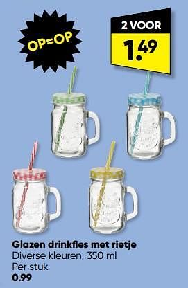 Promoties Glazen drinkfles met rietje - Huismerk - Big Bazar - Geldig van 28/08/2023 tot 10/09/2023 bij Big Bazar