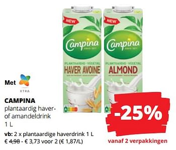 Promoties Campina plantaardige haverdrink - Campina - Geldig van 24/08/2023 tot 06/09/2023 bij Spar (Colruytgroup)