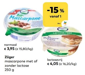 Promoties Züger mascarpone met of zonder lactose - Zuger - Geldig van 16/08/2023 tot 12/09/2023 bij Bioplanet