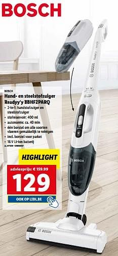Promoties Bosch hand- en steelstofzuiger readyy‘y bbhf2parq - Bosch - Geldig van 06/09/2023 tot 12/09/2023 bij Lidl