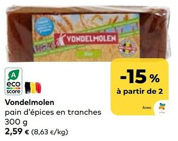 Promotions Vondelmolen pain d’épices en tranches - Vondelmolen - Valide de 16/08/2023 à 12/09/2023 chez Bioplanet