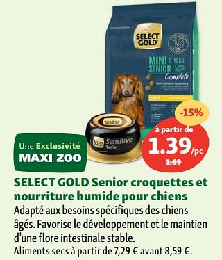 Promotions Select gold senior croquettes et nourriture humide pour chiens - Select Gold - Valide de 06/09/2023 à 11/09/2023 chez Maxi Zoo