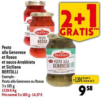 Promotions Pesto alla genovese et rosso et sauce arrabbiata et siciliana bertolli - Bertolli - Valide de 06/09/2023 à 12/09/2023 chez Smatch