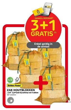 Promoties Zak houtblokken 3+1 gratis - Golden Flame - Geldig van 06/09/2023 tot 25/09/2023 bij Brico
