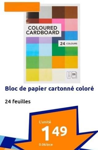 Promotions Bloc de papier cartonné coloré - Produit Maison - Action - Valide de 06/09/2023 à 12/09/2023 chez Action
