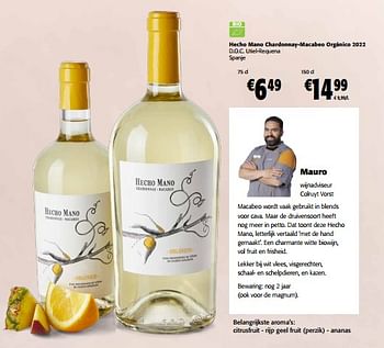 Promoties Hecho mano chardonnay-macabeo orgánico 2022 d.o.c. utiel-requena spanje - Witte wijnen - Geldig van 06/09/2023 tot 19/09/2023 bij Colruyt