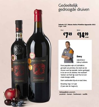 Promoties Salento i.g.t. masso antico primitivo appassito 2022 puglia - italië - Rode wijnen - Geldig van 06/09/2023 tot 19/09/2023 bij Colruyt