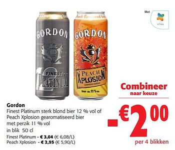 Promoties Gordon finest platinum sterk blond bier of peach xplosion gearomatiseerd bier met perzik - Gordon - Geldig van 06/09/2023 tot 19/09/2023 bij Colruyt