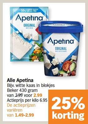 Promoties Apetina witte kaas in blokjes - apetina - Geldig van 11/09/2023 tot 17/09/2023 bij Albert Heijn