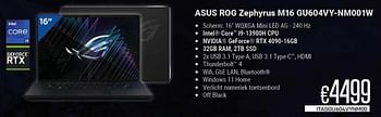 Promoties Asus rog zephyrus m16 gu604vy-nm001w - Asus - Geldig van 01/09/2023 tot 30/09/2023 bij Compudeals