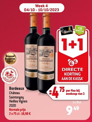 Promoties Bordeaux château saintongey vieilles vignes 2020 - Rode wijnen - Geldig van 13/09/2023 tot 10/10/2023 bij Smatch