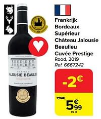 Frankrijk bordeaux supérieur château jalousie beaulieu cuvée prestige rood, 2019-Rode wijnen