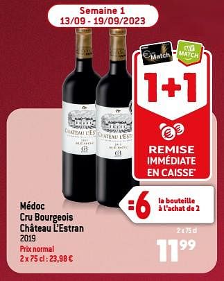 Promotions Médoc cru bourgeois château l’estran 2019 - Vins rouges - Valide de 13/09/2023 à 10/10/2023 chez Smatch