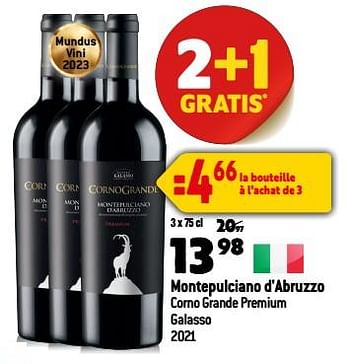 Promotions Montepulciano d`abruzzo corno grande premium galasso 2021 - Vins rouges - Valide de 13/09/2023 à 10/10/2023 chez Smatch