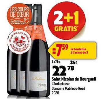 Promotions Saint nicolas de bourgueil l’audacieuse domaine mabileau-rezé 2020 - Vins rouges - Valide de 13/09/2023 à 10/10/2023 chez Smatch