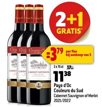 Promoties Pays d`oc couleurs du sud cabernet sauvignon of merlot 2021-2022 - Rode wijnen - Geldig van 13/09/2023 tot 10/10/2023 bij Louis Delhaize