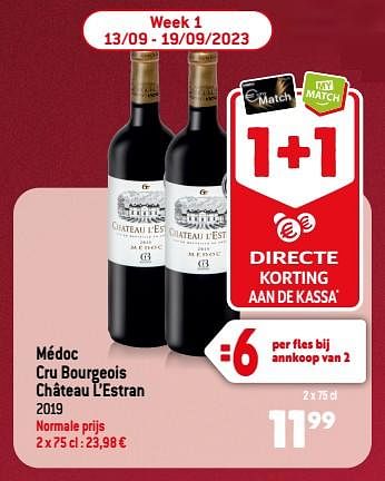 Promotions Médoc cru bourgeois château l’estran 2019 - Vins rouges - Valide de 13/09/2023 à 10/10/2023 chez Louis Delhaize