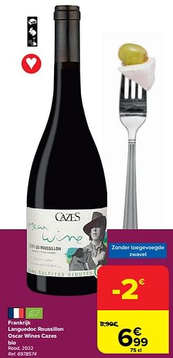 Frankrijk languedoc roussillon oscar wines cazes bio rood, 2022