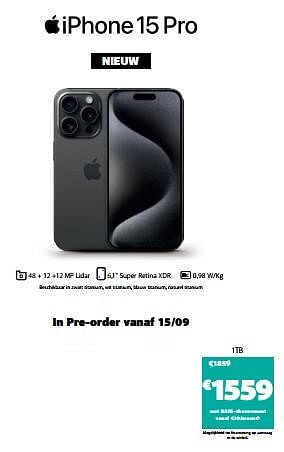 Promotions Apple iphone 15 pro 1tb - Apple - Valide de 15/09/2023 à 01/10/2023 chez Base