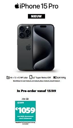 Promotions Apple iphone 15 pro 256gb - Apple - Valide de 15/09/2023 à 01/10/2023 chez Base