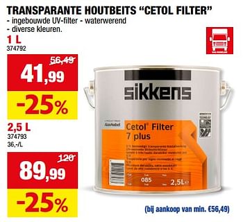 Promoties Transparante houtbeits cetol filter - Sikkens - Geldig van 13/09/2023 tot 24/09/2023 bij Hubo