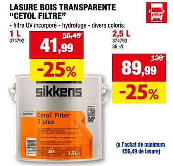 Promotions Lasure bois transparente cetol filtre - Sikkens - Valide de 13/09/2023 à 24/09/2023 chez Hubo