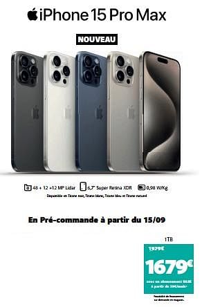 Promotions Apple iphone 15 pro max 1tb - Apple - Valide de 15/09/2023 à 01/10/2023 chez Base