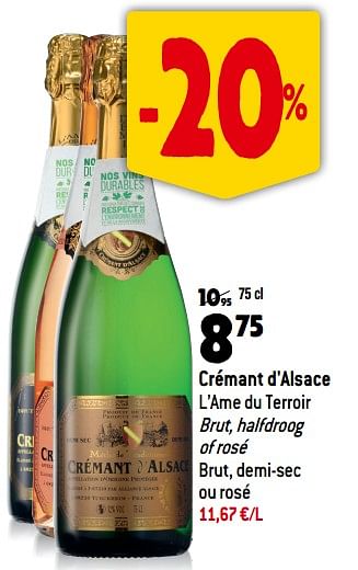 Promoties Crémant d`alsace l’ame du terroir brut, halfdroog of rosé brut, demi-sec ou rosé - Schuimwijnen - Geldig van 13/09/2023 tot 10/10/2023 bij Match