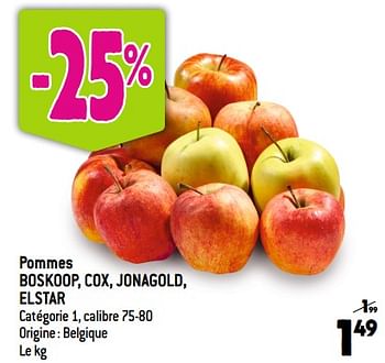 Promotions Pommes boskoop, cox, jonagold, elstar - Produit Maison - Smatch - Valide de 20/09/2023 à 26/09/2023 chez Smatch