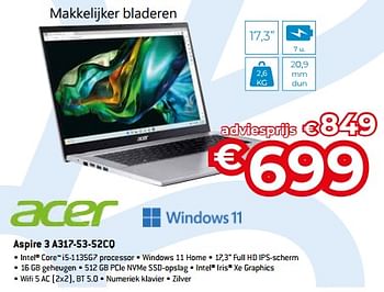Promoties Acer aspire 3 a317-53-52cq - Acer - Geldig van 20/08/2023 tot 30/09/2023 bij Exellent