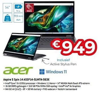 Promoties Acer aspire 5 spin 14 a5sp14-51mtn-563x - Acer - Geldig van 20/08/2023 tot 30/09/2023 bij Exellent