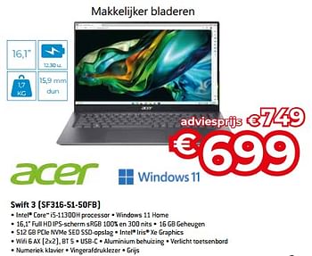 Promoties Acer swift 3 sf316-51-50fb - Acer - Geldig van 20/08/2023 tot 30/09/2023 bij Exellent