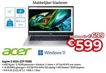 Promotions Acer aspire 3 a314-23p-r5bg - Acer - Valide de 20/08/2023 à 30/09/2023 chez Exellent