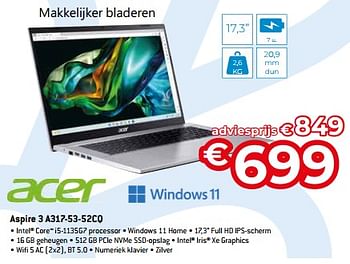 Promoties Acer aspire 3 a317-53-52cq - Acer - Geldig van 20/08/2023 tot 30/09/2023 bij Exellent