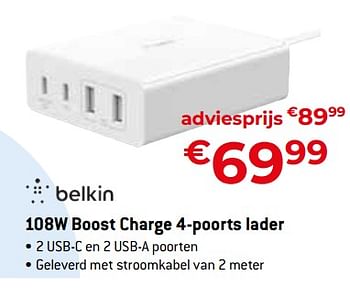 Promoties Belkin 108w boost charge 4-poorts lader - BELKIN - Geldig van 20/08/2023 tot 30/09/2023 bij Exellent