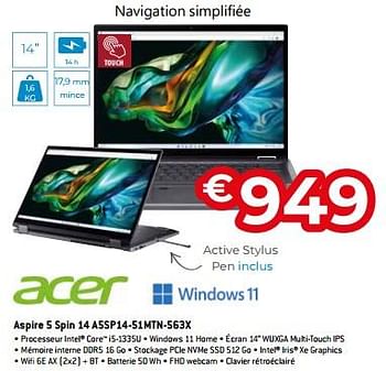 Promotions Acer aspire 5 spin 14 a5sp14-51mtn-563x - Acer - Valide de 20/08/2023 à 30/09/2023 chez Exellent