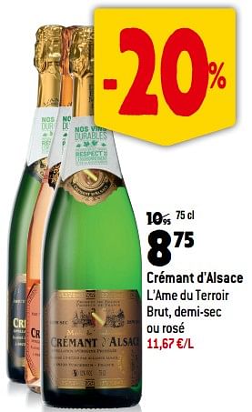 Promoties Crémant d`alsace l’ame du terroir brut, demi-sec ou rosé - Schuimwijnen - Geldig van 13/09/2023 tot 10/10/2023 bij Match