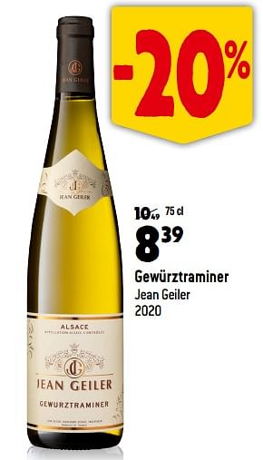 Promoties Gewürztraminer jean geiler 2020 - Witte wijnen - Geldig van 13/09/2023 tot 10/10/2023 bij Match