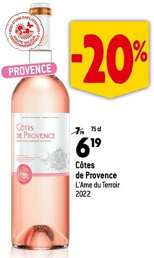 Promotions Côtes de provence l`ame du terroir 2022 - Vins rosé - Valide de 13/09/2023 à 10/10/2023 chez Match